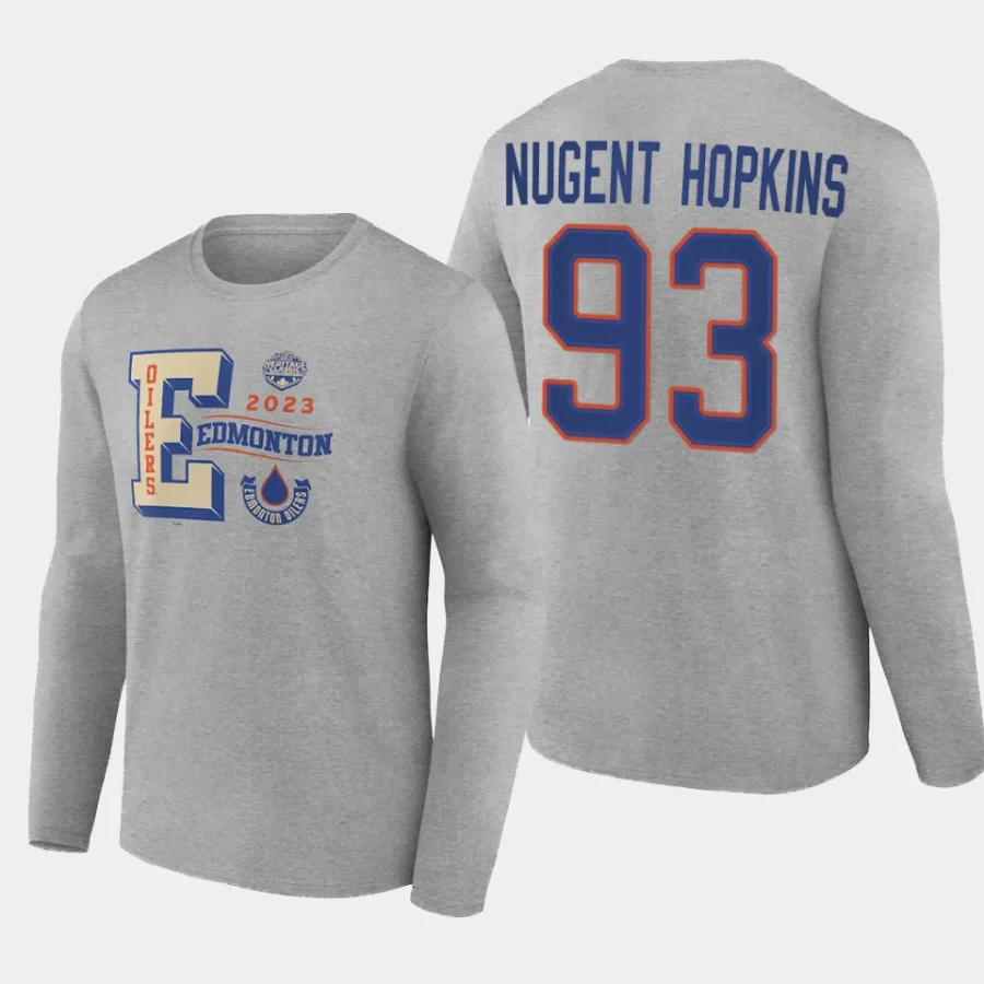 oilers ryan nugent hopkins gray 2023 nhl heritage classic long sleeve wordmark t shirt