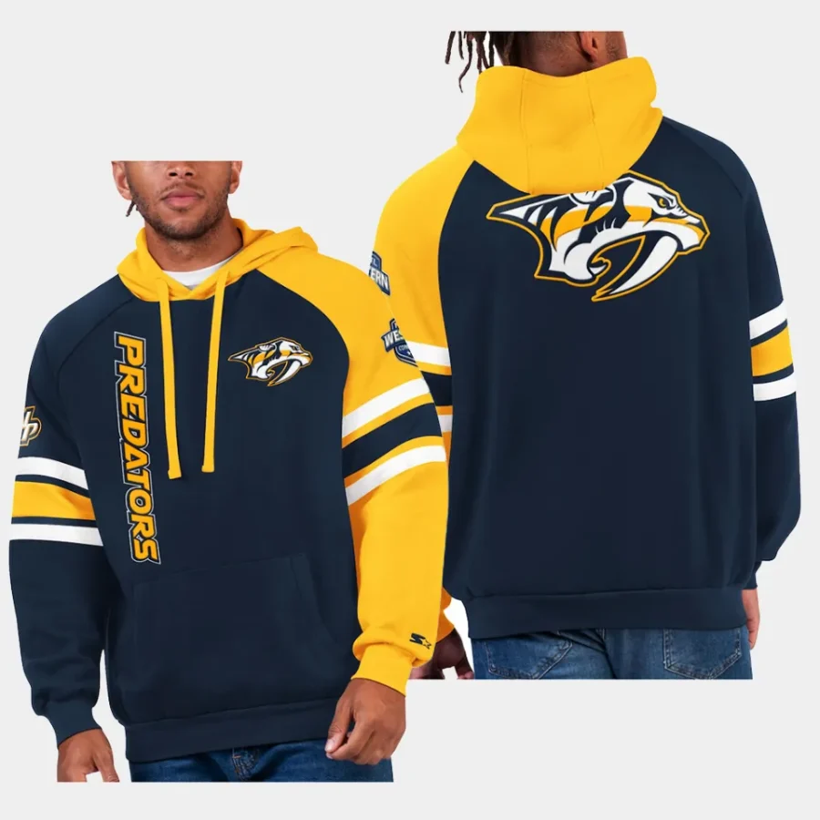 predators navy gold gauntlet starter raglan pullover hoodie