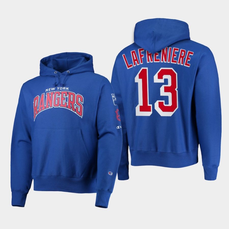 rangers alexis lafreniere blue champion capsule ii pullover hoodie