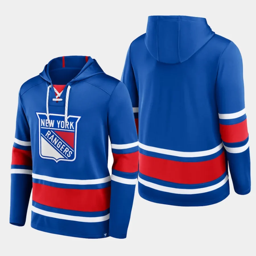 rangers men blue puck deep lace up pullover hoodie