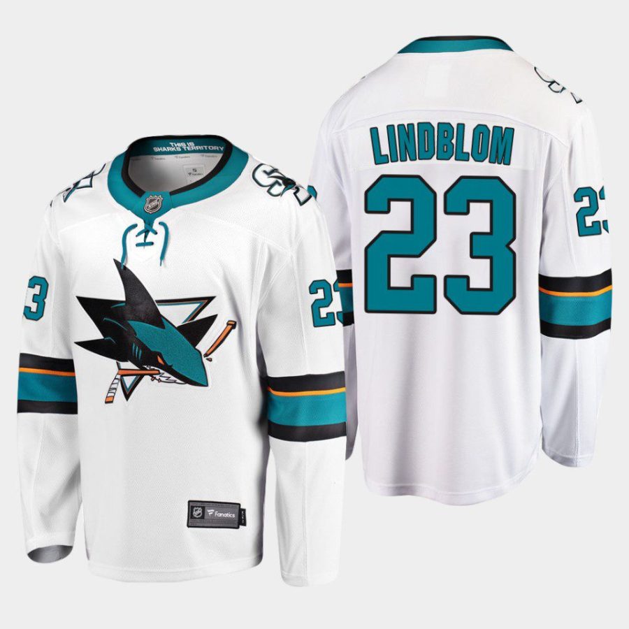 san jose sharks oskar lindblom away 2022 breakaway player jersey white