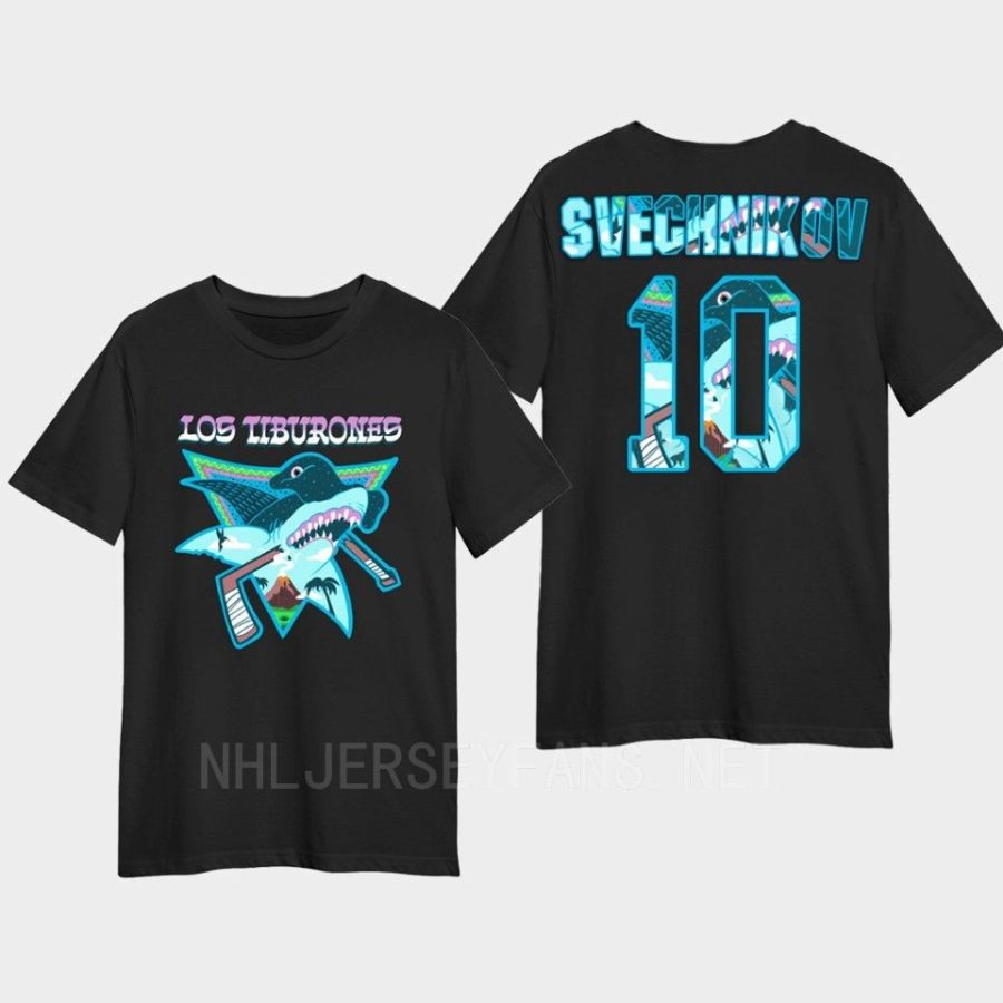 sharks evgeny svechnikov black 2022 los tiburones cotton t shirt