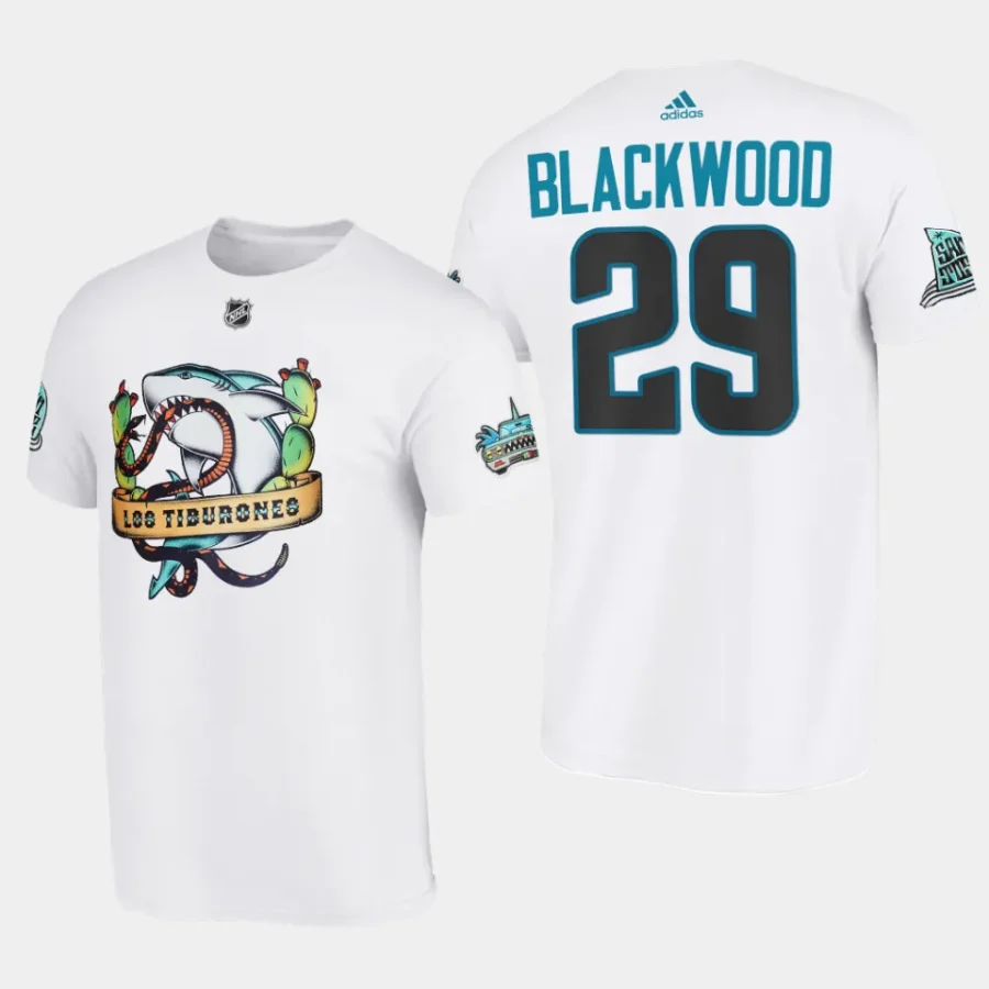 sharks mackenzie blackwood white 2023 los tiburones hispanic heritage t shirt