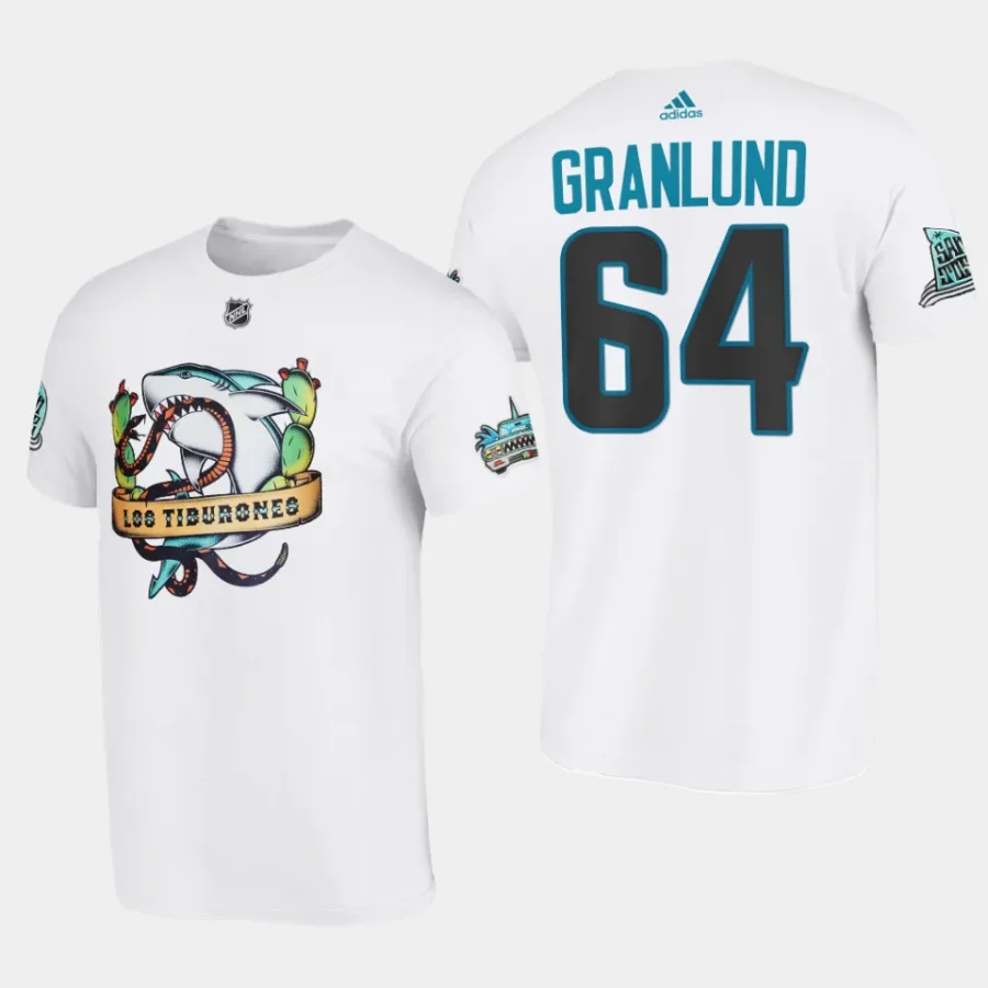 sharks mikael granlund white 2023 los tiburones hispanic heritage t shirt