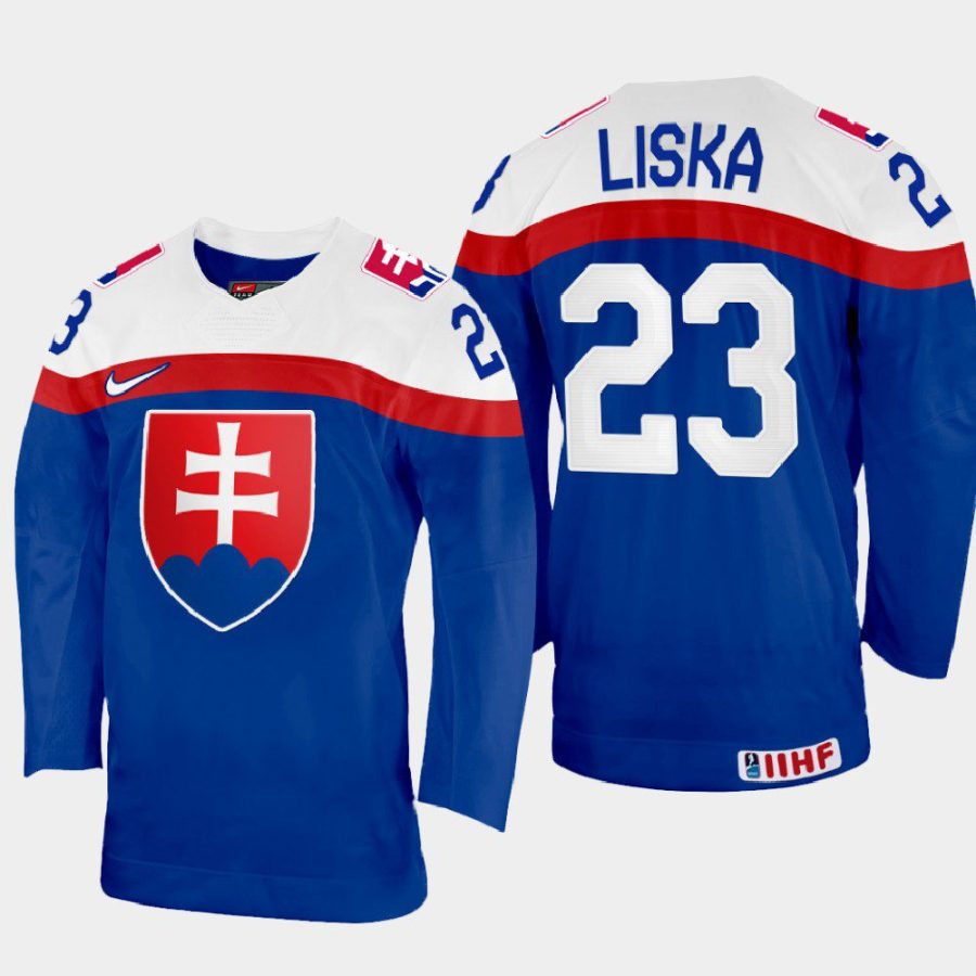 slovakia hockey adam liska 2022 iihf world championship away jersey blue