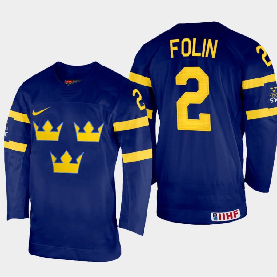 sweden hockey christian folin 2022 iihf world championship away jersey navy