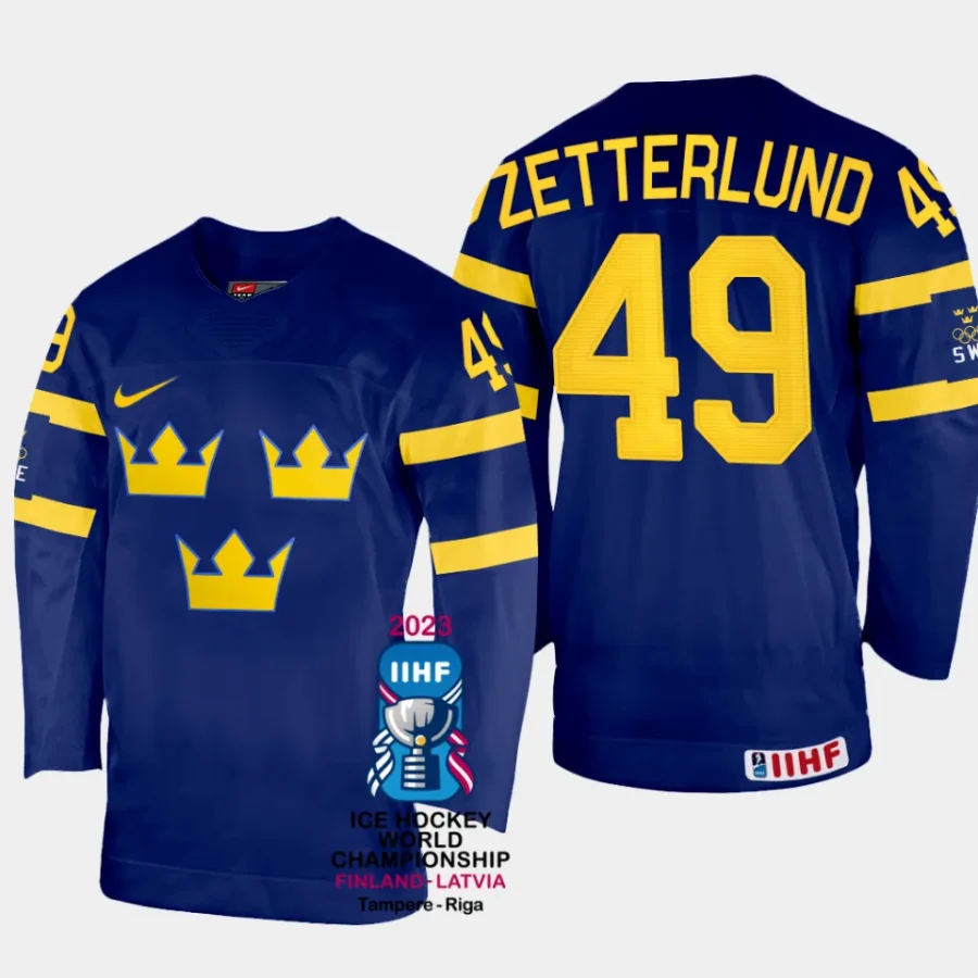 sweden hockey fabian zetterlund 2023 iihf world championship men away jersey navy