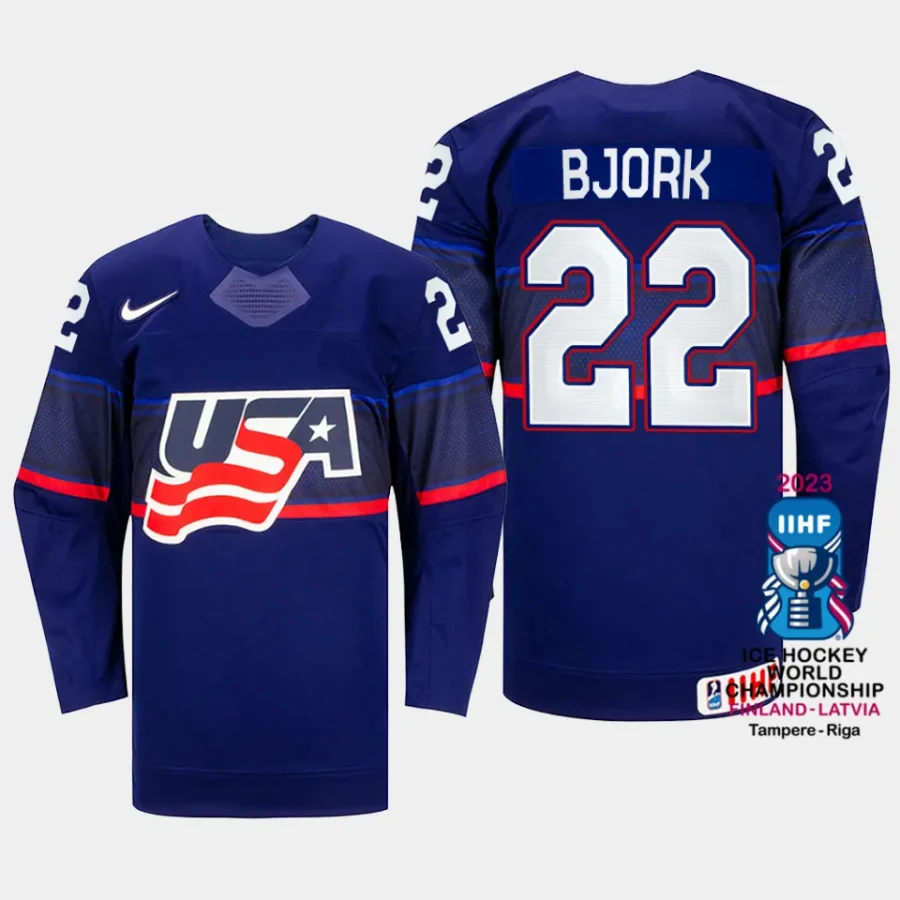 usa hockey anders bjork 2023 iihf world championship men away jersey blue