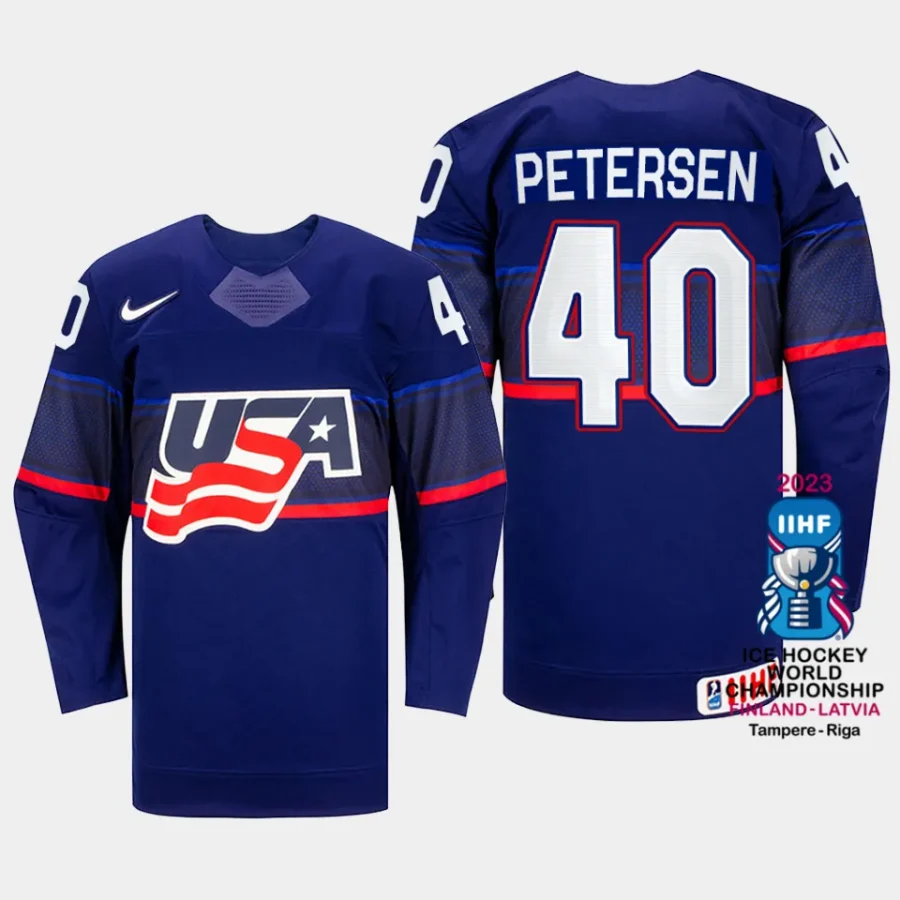 usa hockey cal petersen 2023 iihf world championship men away jersey blue