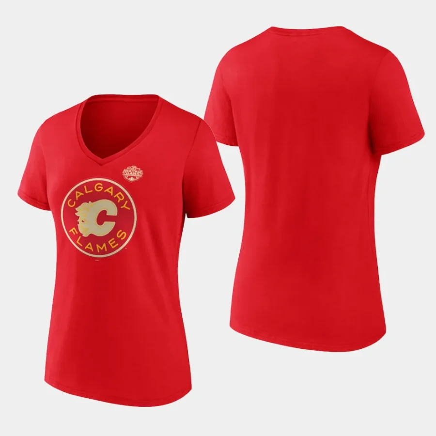 women calgary flames 2023 nhl heritage classic red v neck primary logo t shirt