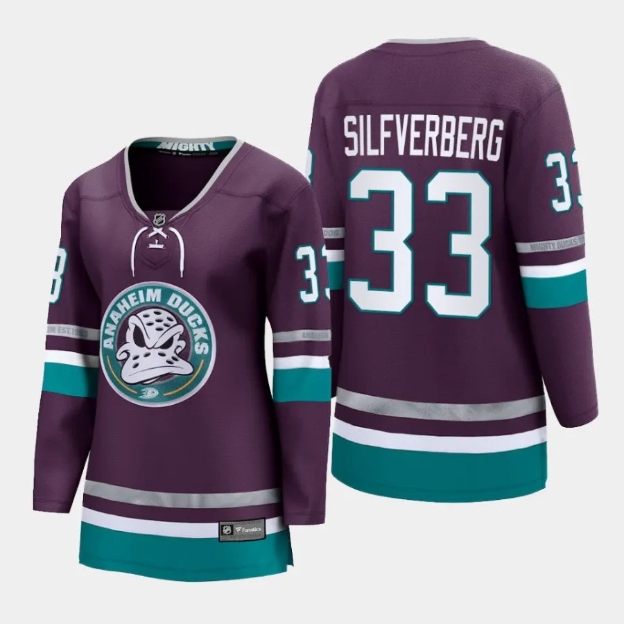 women ducks jakob silfverberg purple 2023 24 30th anniversary premier breakaway player jersey