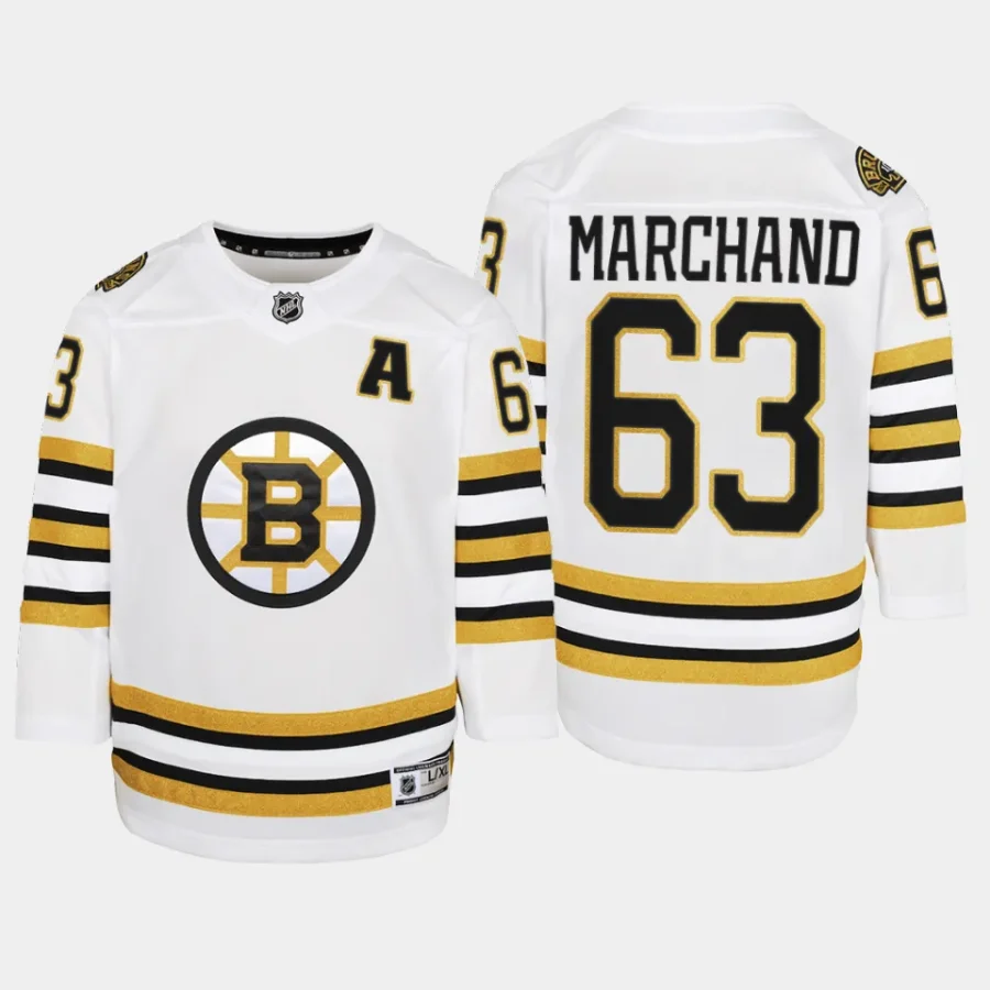 youth bruins brad marchand white 2023 24 100th anniversary premier player jersey