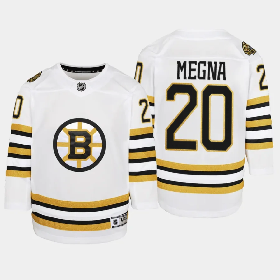 youth bruins jayson megna white 2023 24 100th anniversary premier player jersey