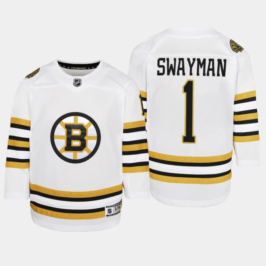 youth bruins jeremy swayman white 2023 24 100th anniversary premier player jersey