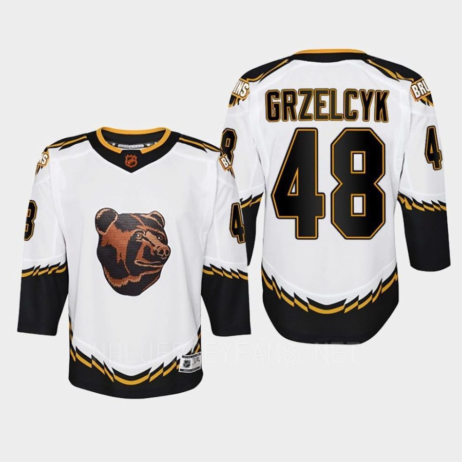 youth bruins matt grzelcyk white 2022 special edition 2.0 replica retro jersey