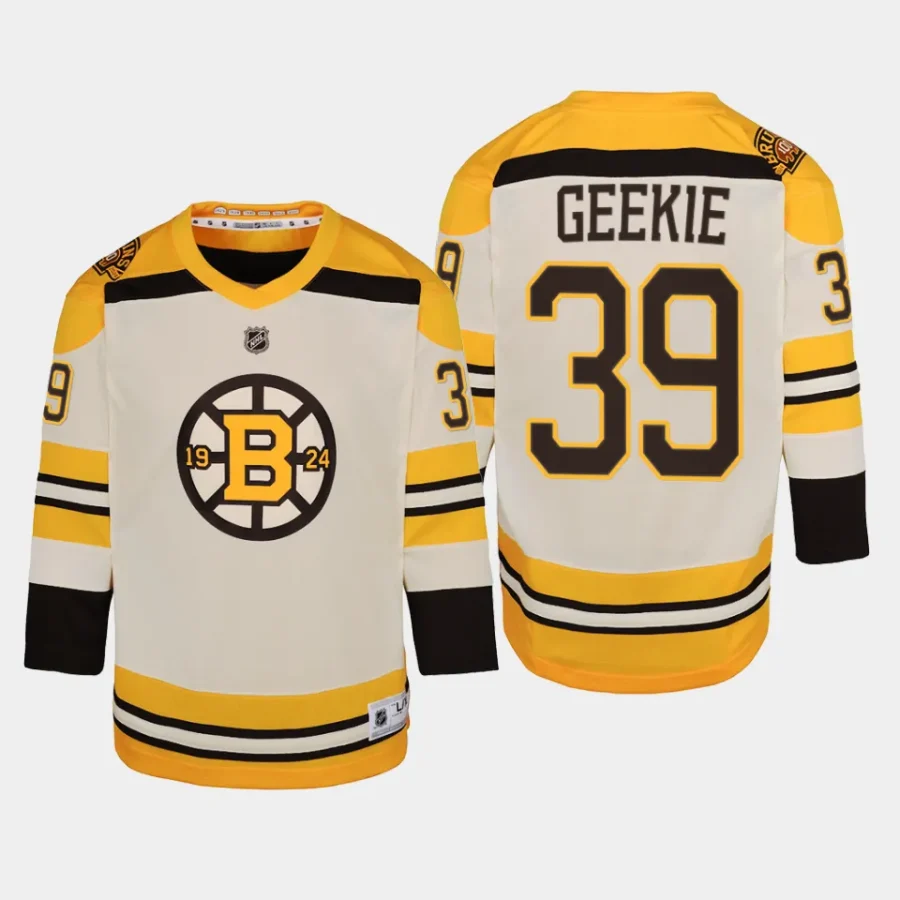 youth bruins morgan geekie cream 2023 24 100th anniversary premier player jersey