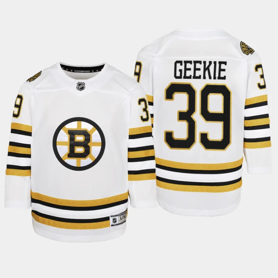 youth bruins morgan geekie white 2023 24 100th anniversary premier player jersey