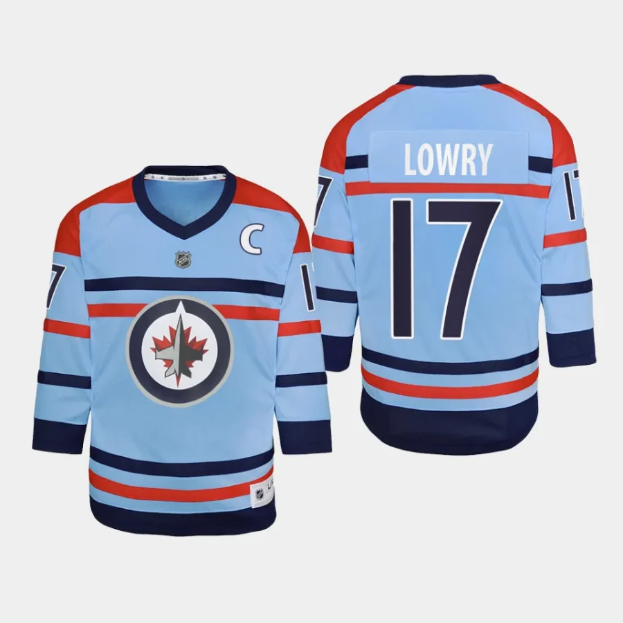 youth jets adam lowry light blue 2023 24 rcaf centennial replica player jersey