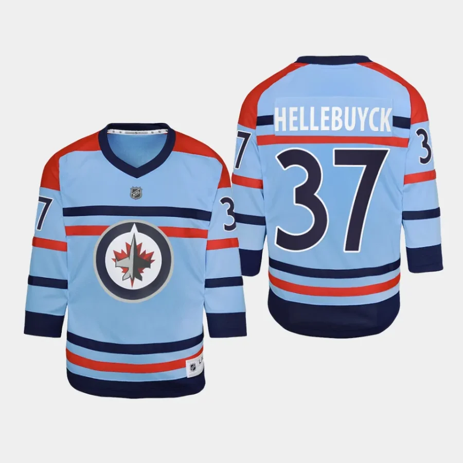 youth jets connor hellebuyck light blue 2023 24 rcaf centennial replica player jersey