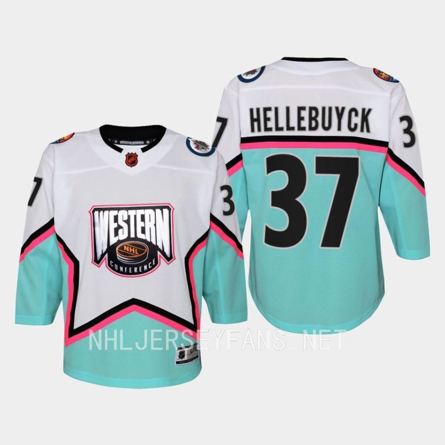 youth jets connor hellebuyck white 2023 nhl all star western conference premier jersey