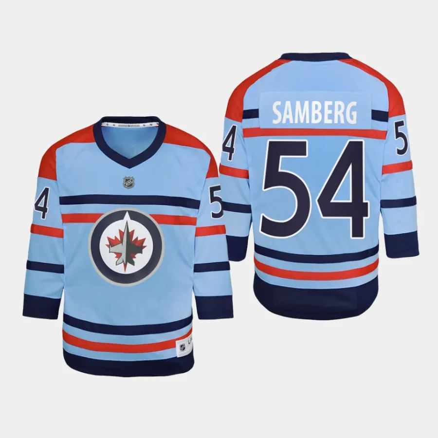 youth jets dylan samberg light blue 2023 24 rcaf centennial replica player jersey