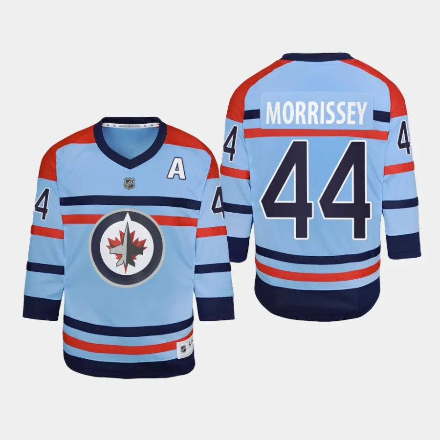 youth jets josh morrissey light blue 2023 24 rcaf centennial replica player jersey