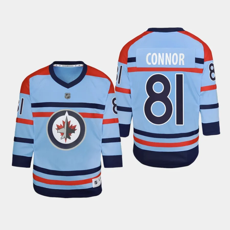 youth jets kyle connor light blue 2023 24 rcaf centennial replica player jersey