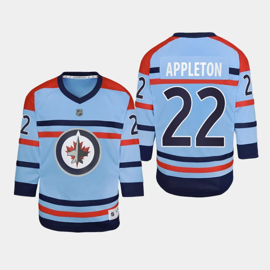 youth jets mason appleton light blue 2023 24 rcaf centennial replica player jersey