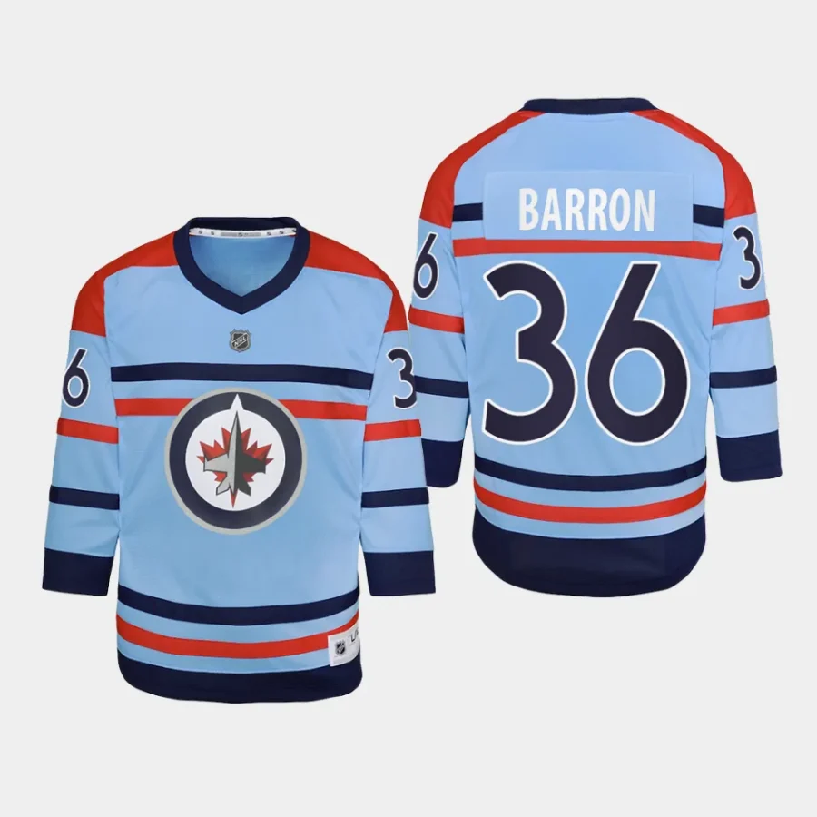 youth jets morgan barron light blue 2023 24 rcaf centennial replica player jersey