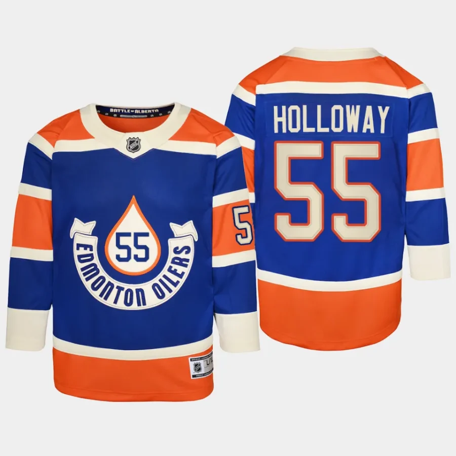 youth oilers dylan holloway royal 2023 nhl heritage classic premier player jersey