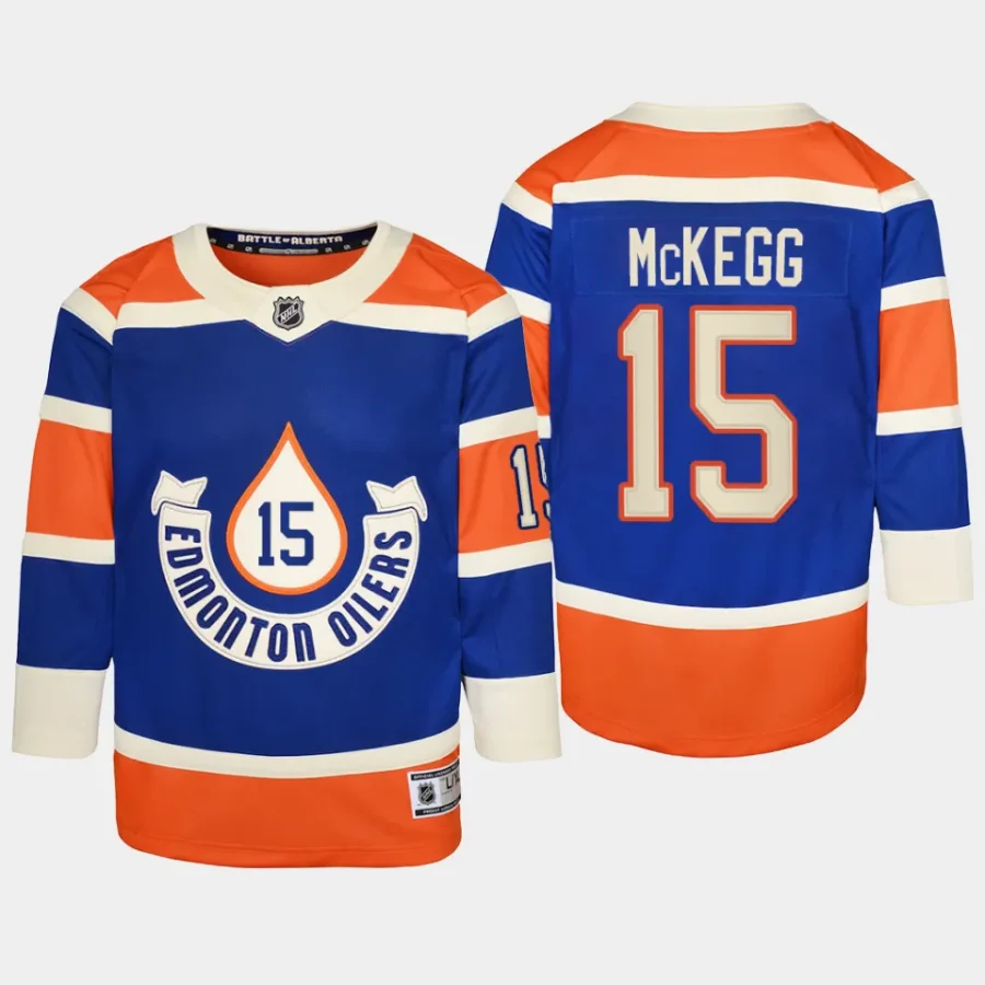 youth oilers greg mckegg royal 2023 nhl heritage classic premier player jersey