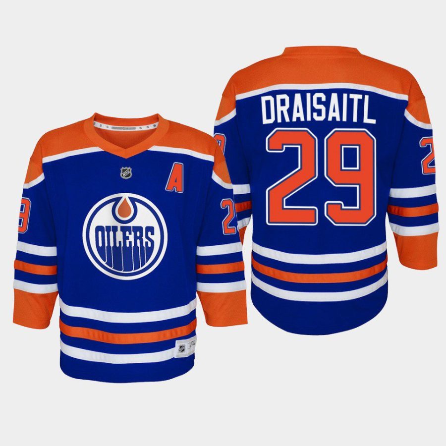 youth oilers leon draisaitl royal 2022 23 home replica player jersey