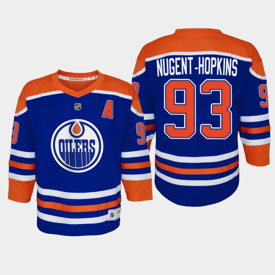 youth oilers ryan nugent hopkins royal 2022 23 home replica player jersey