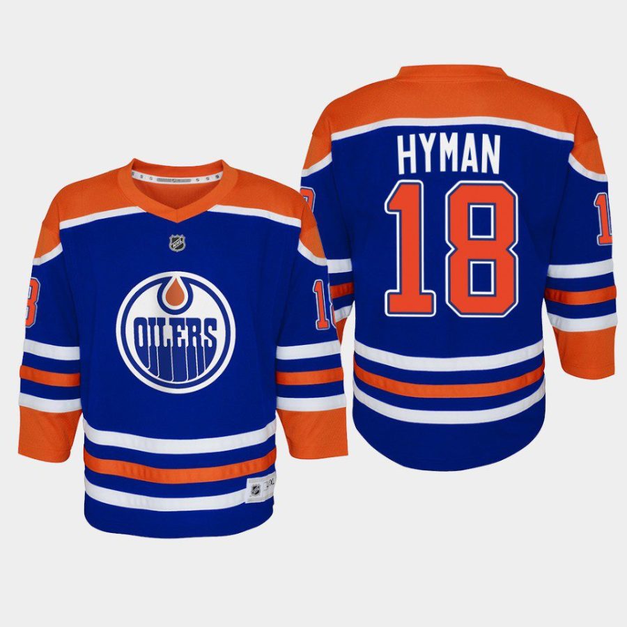 youth oilers zach hyman royal 2022 23 home replica player jersey