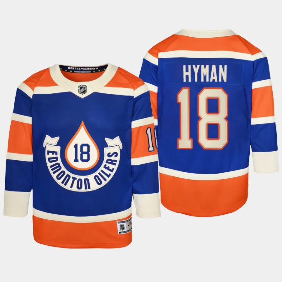 youth oilers zach hyman royal 2023 nhl heritage classic premier player jersey