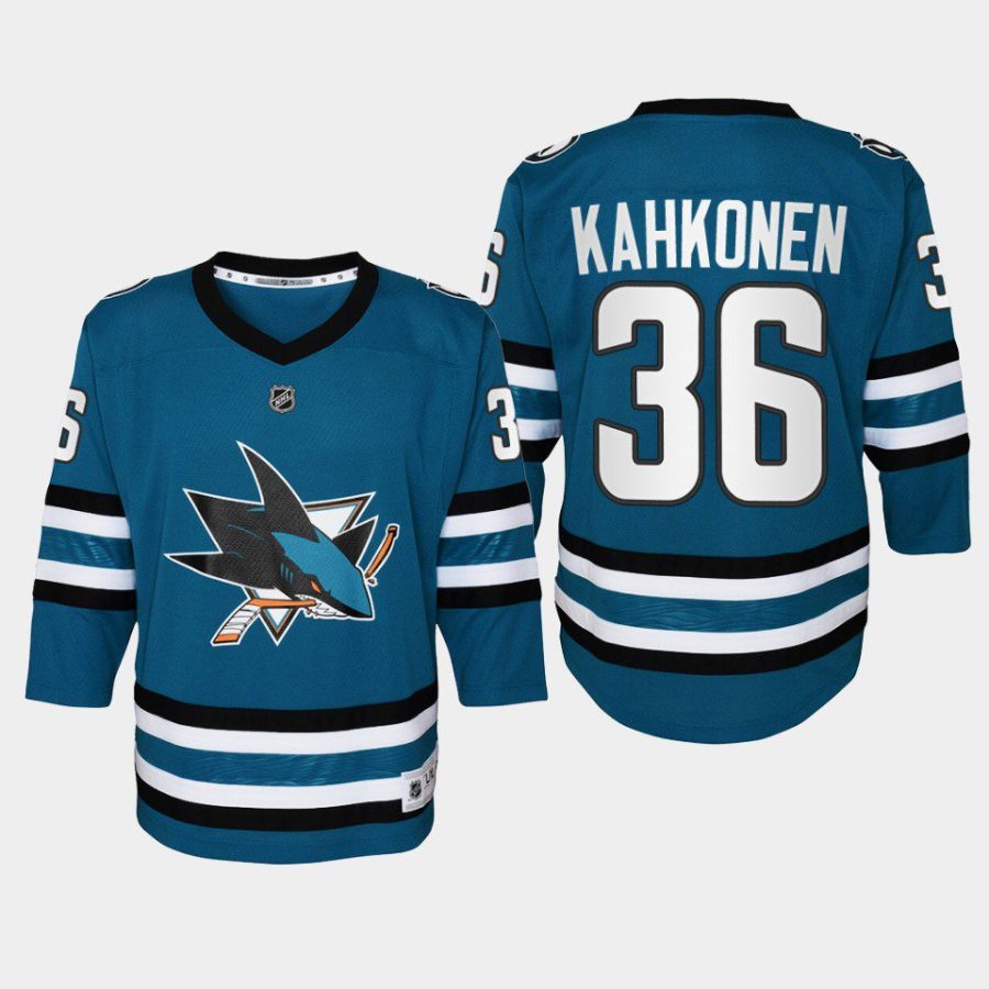 youth sharks kaapo kahkonen teal 2022 23 home replica jersey