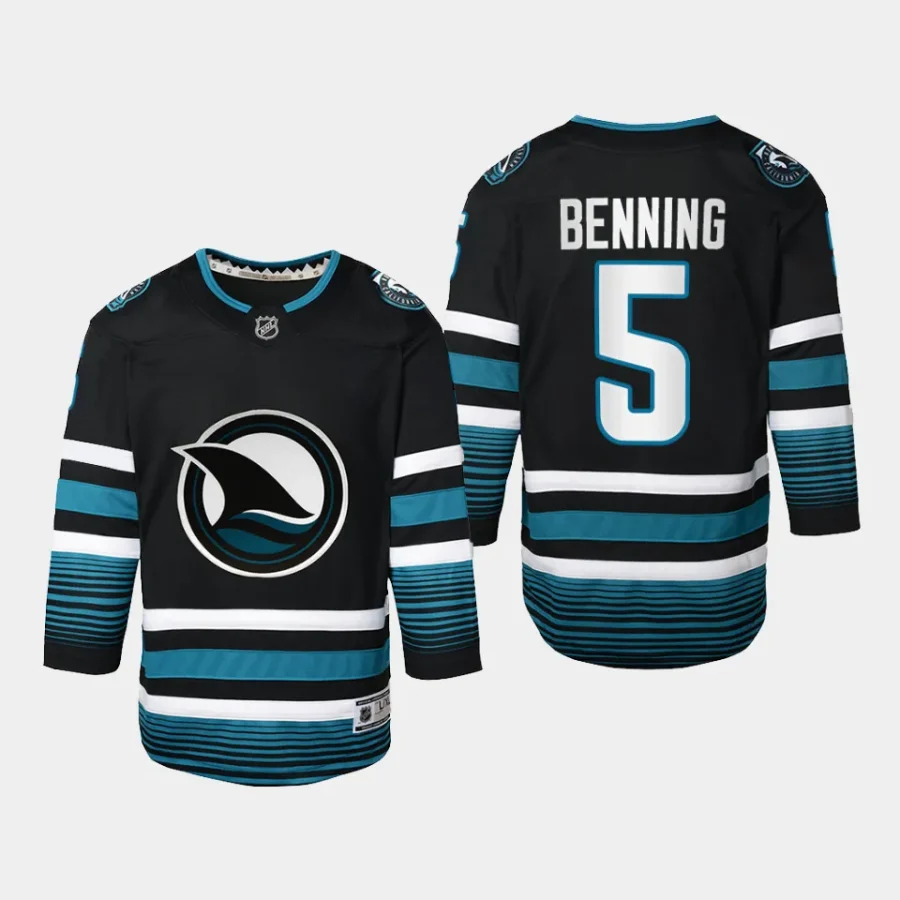 youth sharks matt benning black 2023 24 cali fin 3rd alternate replica jersey