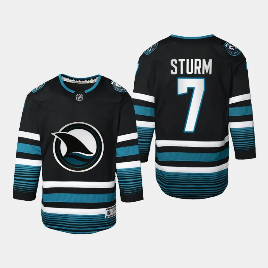 youth sharks nico sturm black 2023 24 cali fin 3rd alternate replica jersey