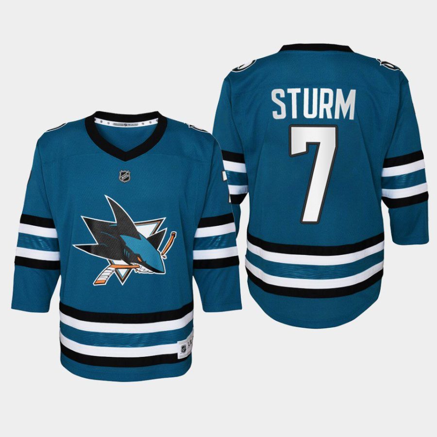 youth sharks nico sturm teal 2022 23 home replica jersey