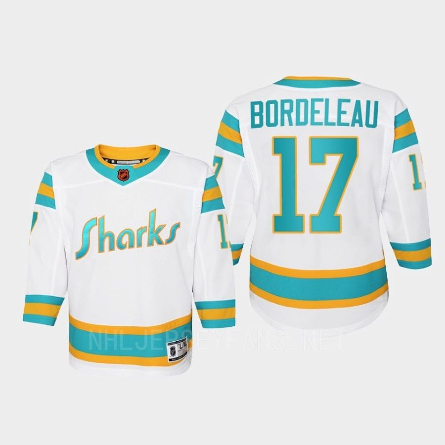 youth sharks thomas bordeleau white 2022 special edition 2.0 replica retro jersey