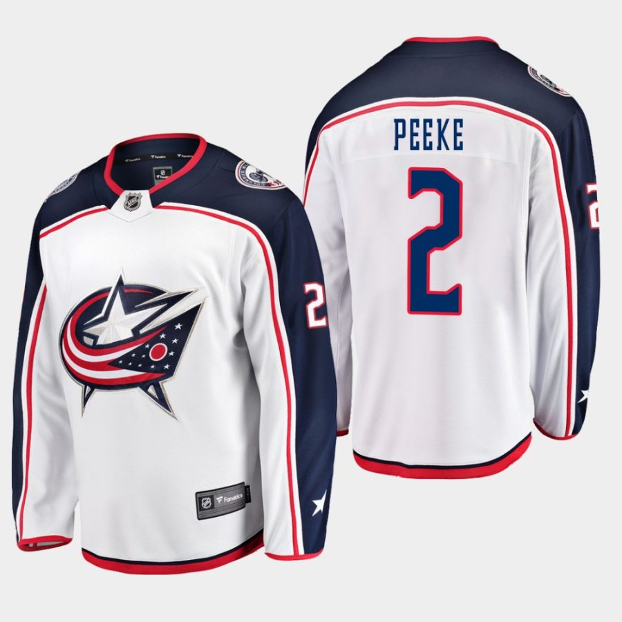 andrew peeke blue jackets white 2019 away breakaway jersey