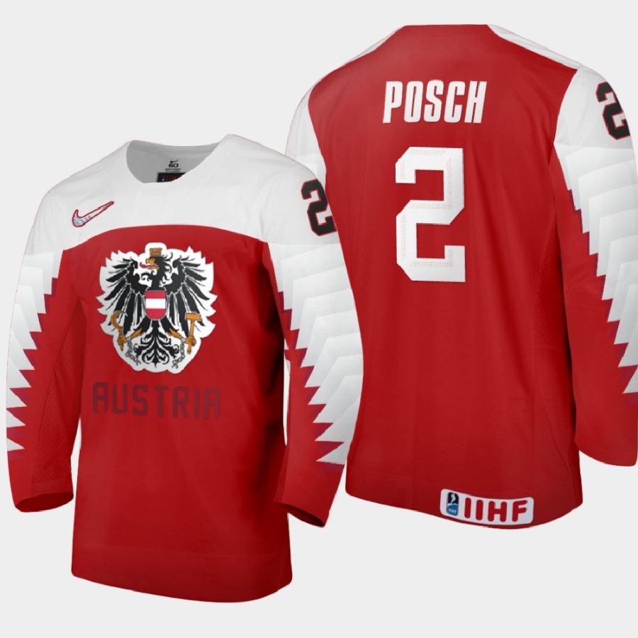 austria team bernhard posch 2021 iihf world junior championship away jersey red