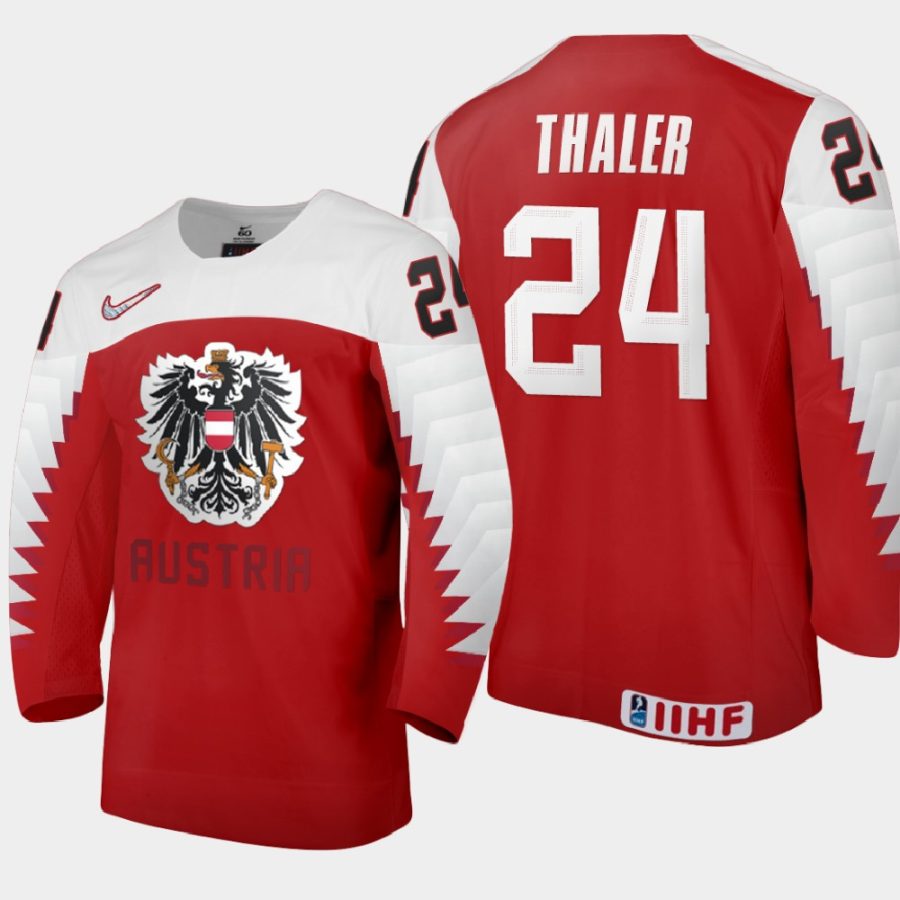 austria team lucas thaler 2021 iihf world junior championship away jersey red