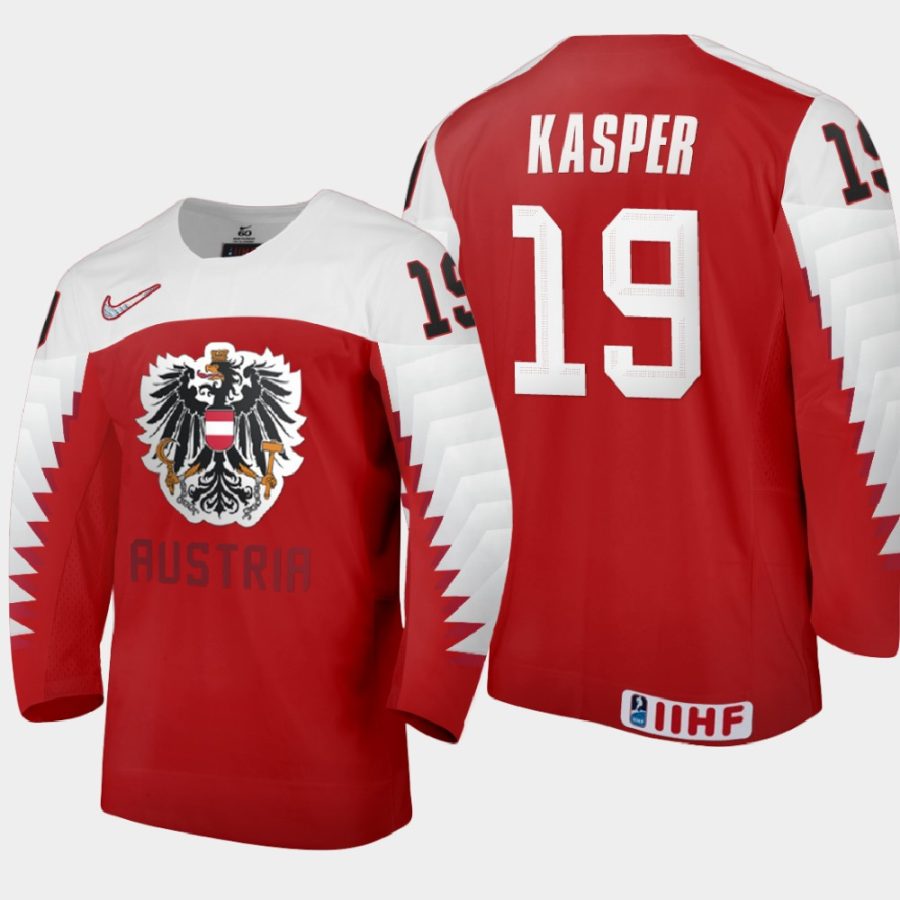 austria team marco kasper 2021 iihf world junior championship away jersey red