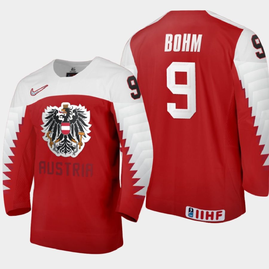 austria team mathias bohm 2021 iihf world junior championship away jersey red