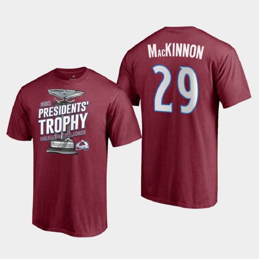 avalanche nathan mackinnon burgundy 2021 presidents trophy t shirt