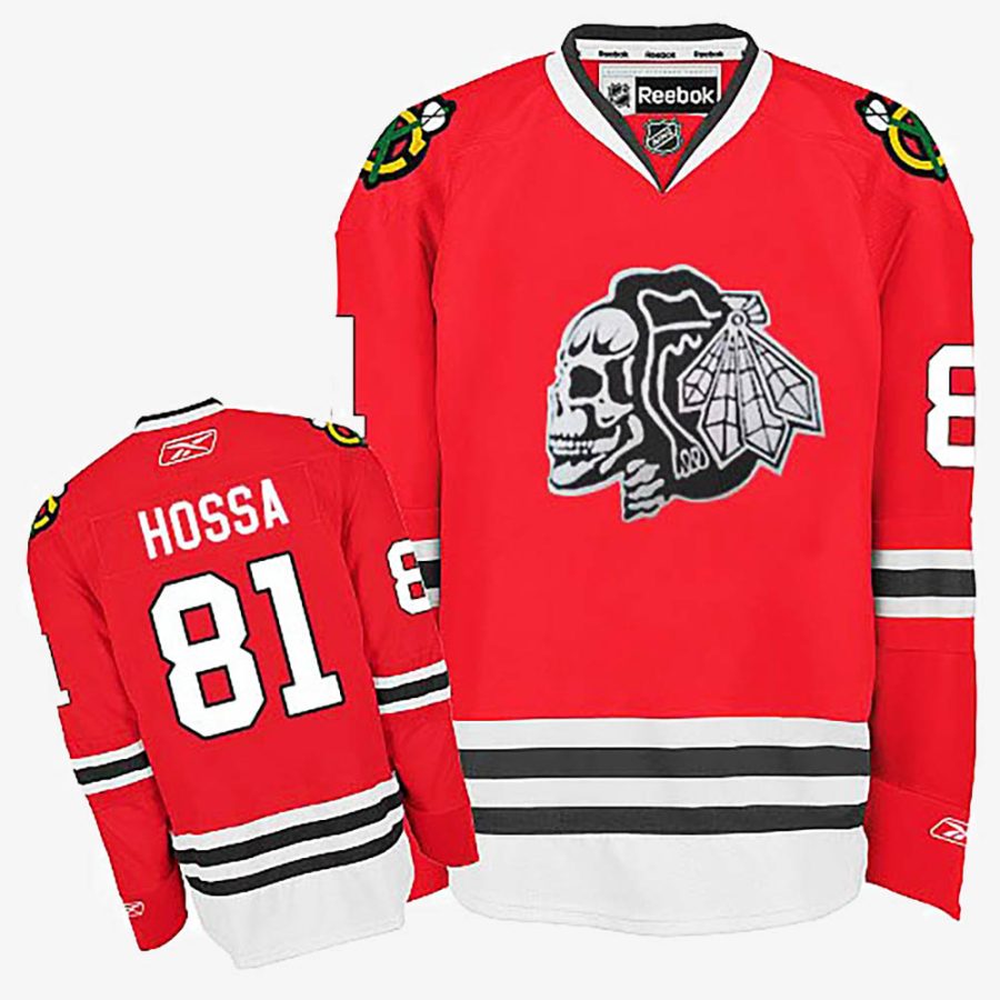 blackhawks marian hossa red white skull jersey