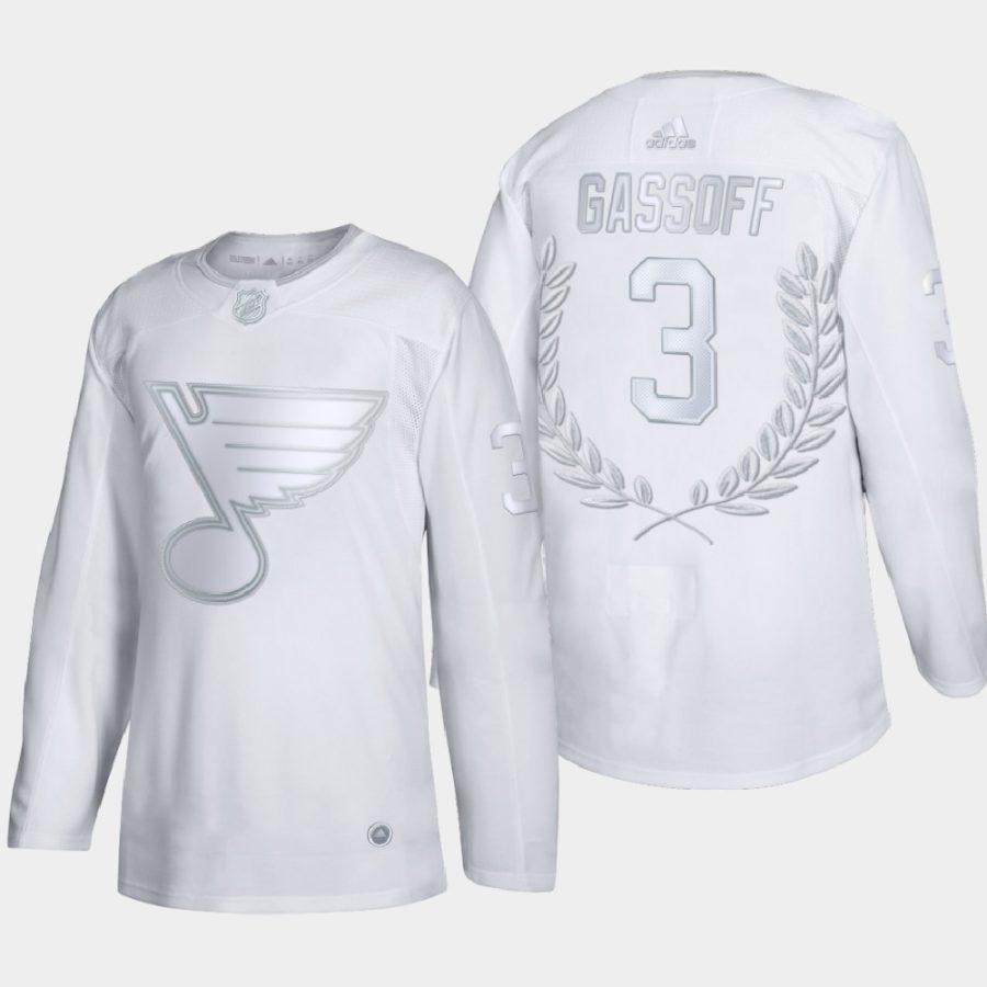 bob gassoff blues white award retired number jersey