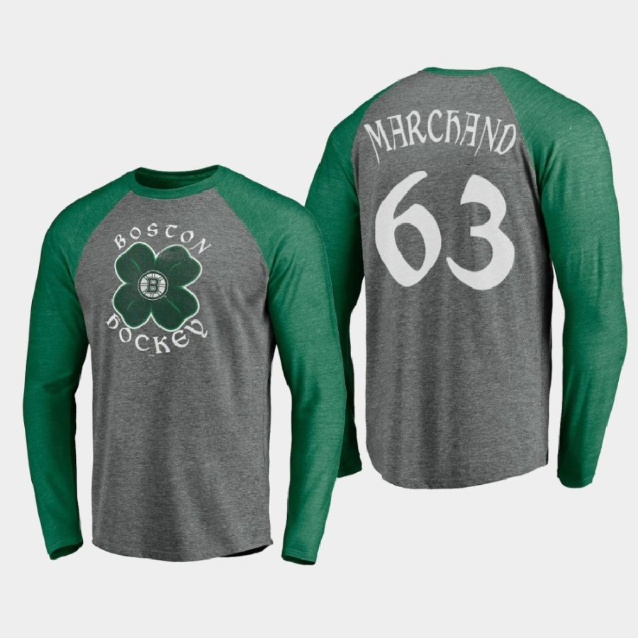 bruins brad marchand gray st. patricks day celtic long sleeve raglan t shirt