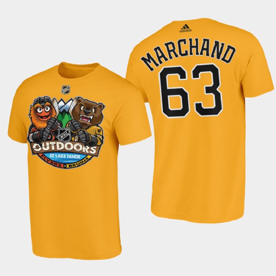 bruins brad marchand yellow 2021 lake tahoe outdoor games mascot cartoon t shirt